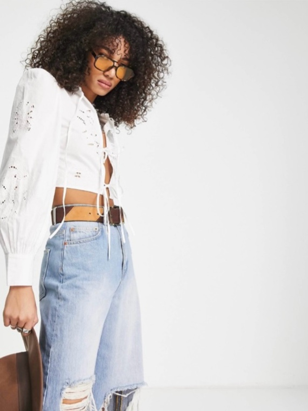 ASOS TopShop Embroidered Eyelet Tie front Blouse in White Size 10